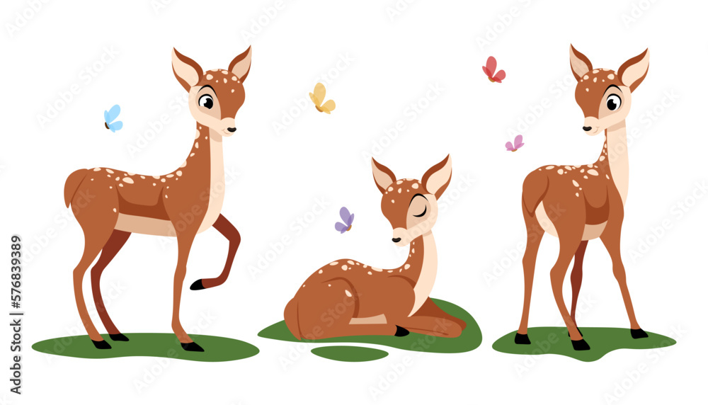 Vector illustration of a cute spotted deer on a white background.Charming characters of a baby deer in different poses and emotions: standing , sleeping, looking at butterflies in a cartoon style. Vector illustration of a cute spotted deer on a white background.Charming characters of a baby deer in different poses and emotions: standing , sleeping, looking at butterflies in a cartoon style.