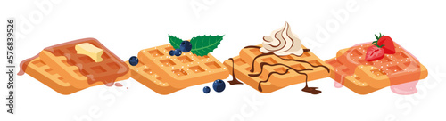 Vector illustration of delicious various waffles in cartoon style. Vector illustration of sweet waffles with butter, caramel, blueberries, whipped cream and chocolate topping, strawberries.