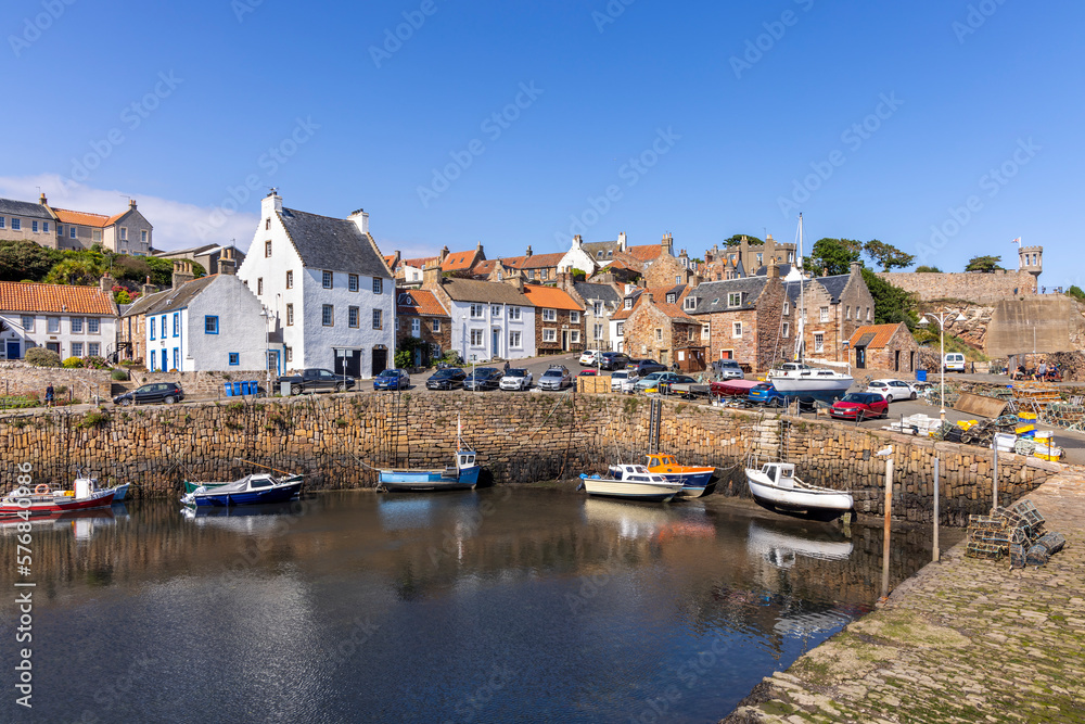 The historic fishing village of Crail, with its picturesque harbour and colourful fishing boats, on the east coast of Fife, Scotland.