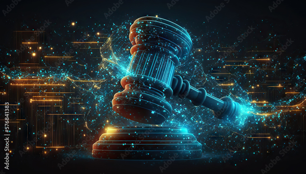 Judge gavel on background of data center. Digital law concept of duality of Judiciary, Jurisprudence and Justice and data in the modern world. Copy space. Based on Generative AI - obrazy, fototapety, plakaty 