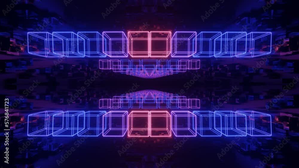 Glow sci fi symmetrical construction. Vj loop trendy neon tunnel. hi tech neon tunel. Sci-fi flight through cyberspace with symmetry. Video game or vj night club background with neon light.