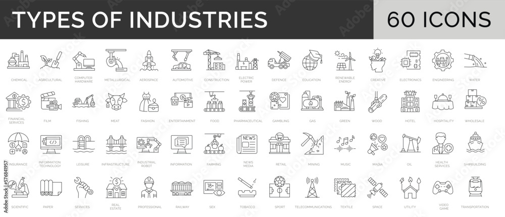 Obraz Set of 60 line icons. Collection of 60 types of types of Industries. Different kinds of Engineering, Manufacturing, Production activities. Editable stroke. Vector illustration fototapeta, plakat