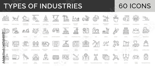 Set of 60 line icons. Collection of 60 types of types of Industries. Different kinds of Engineering, Manufacturing, Production activities. Editable stroke. Vector illustration