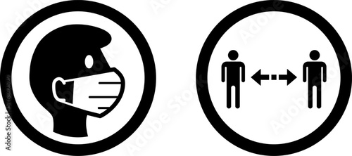 Wear a Face Mask and Keep Your Distance Round Warning or Instruction Icon Set against the Spread of Coronavirus Covid-19. Vector Image.