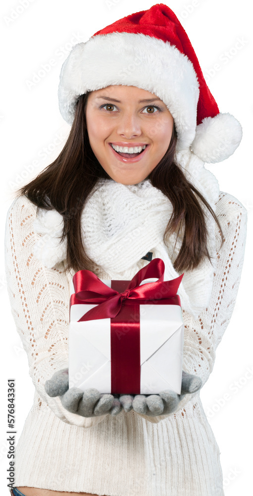 Young Woman In Santa Hat Holding Present - Isolated Young Woman In Santa Hat Holding Present - Isolated