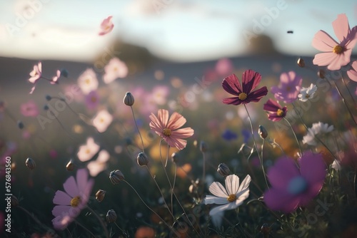 Field of spring flowers with flying petals close-up. AI Generation