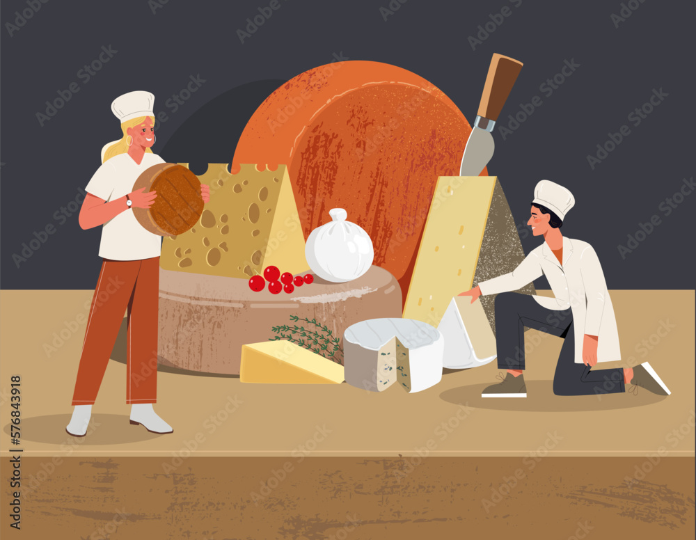 Cheese production technology. Young man and woman chefs prepare ...