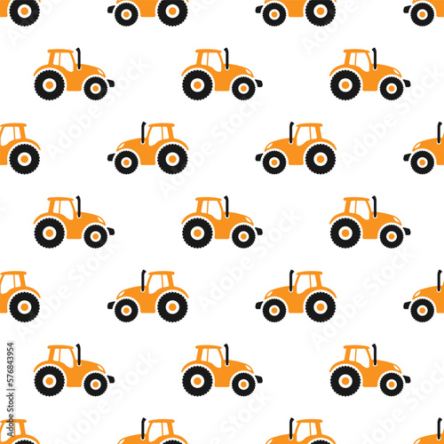 Modern orange farm tractor isolated on white background. Cute seamless pattern. Side view. Vector simple flat graphic illustration. Texture.