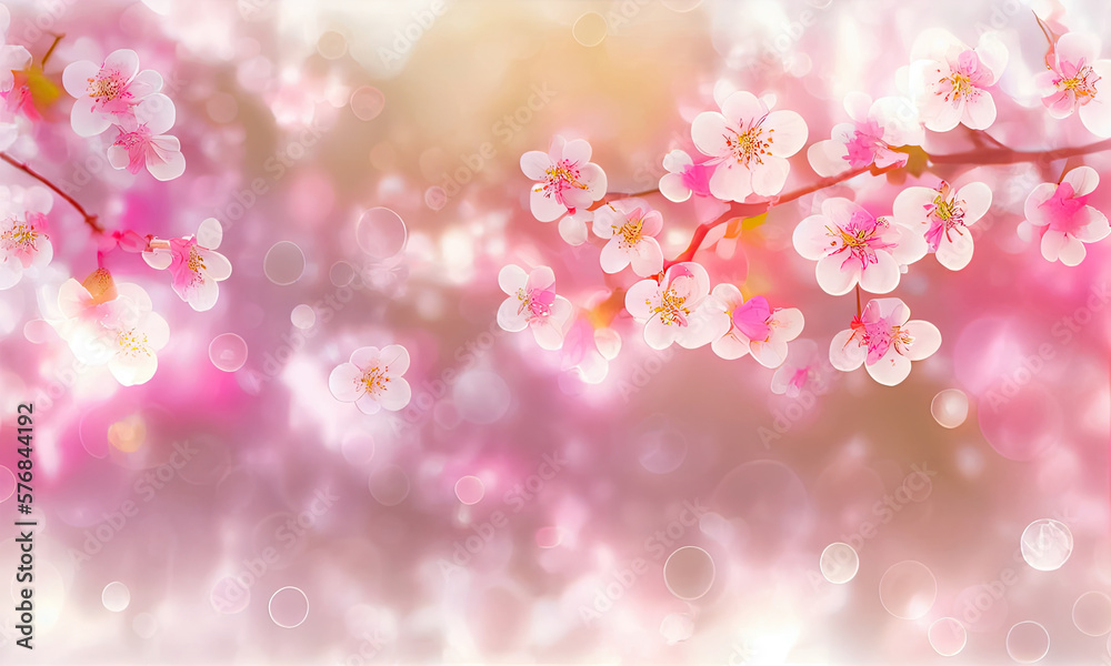 Blooming tree, pink flowers on an abstract background with sunny bokeh, generative AI