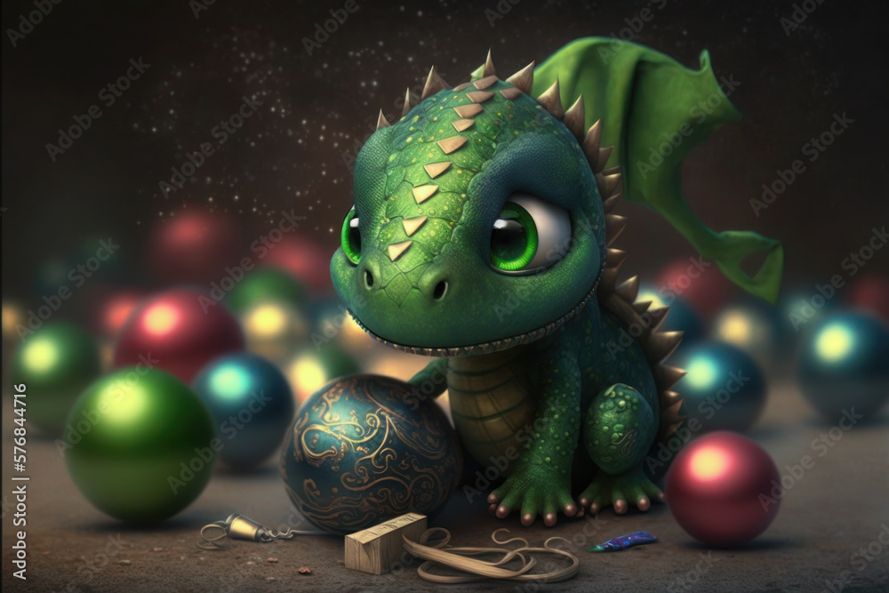 a small, cute green dragon at a party. lights. and luminosity. happy New Year. AI Generative.