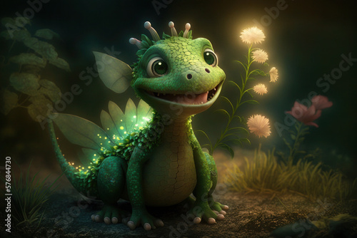 a small  cute green dragon in the grass. flowers and lights. spring or summer. AI Generative