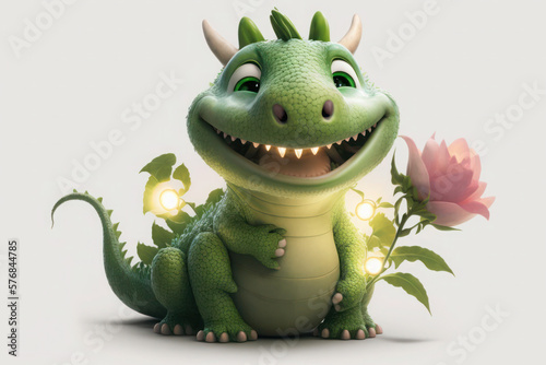 a small, cute green dragon in the grass. flowers and lights. spring or summer. AI Generative © Svetlana