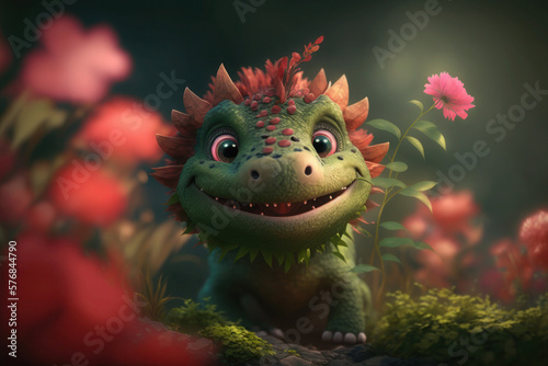 a small, cute green dragon in the grass. flowers and lights. spring or summer. AI Generative