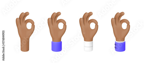 Ok Sign. Okey - Hand Gesture. African American hand. Set of 3d Cartoon Human Hand with different sleeves. Icons isolated on white background. 3D Render Vector Illustration