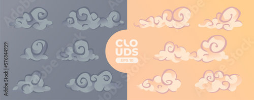 Clouds set isolated on a blue background. Greek culture. Signs and icons collection. Realistic elements. White color. Simple cartoon design. Flat style vector illustration.