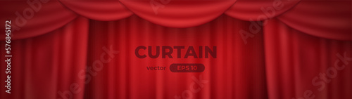 Red curtain background. Closed illuminated curtains. Opera or theatrical drapes. Simple cartoon design. Spotlight on stage. Scene with light of projector. Realistic template. Vector illustration eps10