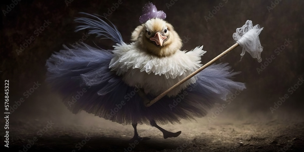 chicken wearing a tutu dancing with broomstick, concept of Playful and