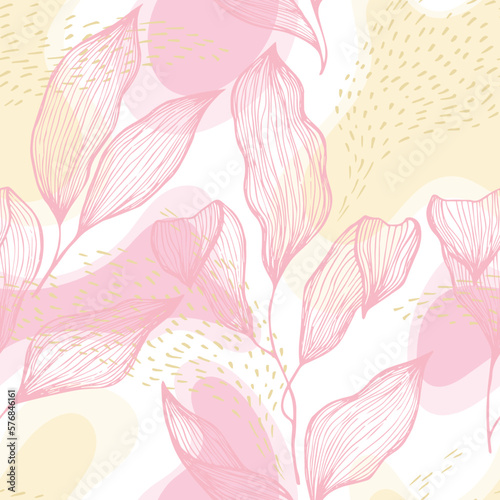 Sketch style doodle line texture leaves over stains and dots seamless vector ...