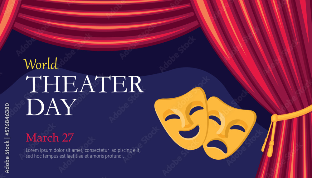 World theatre day, March 27, concept greeting card, with curtains and Scene with red velvet curtain, theatrical masks. Typographic design, vector banner for email newsletter, invitation. - obrazy, fototapety, plakaty 