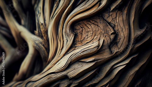 A close-up of a tree bark with rough, jagged edges and a myriad of lines and knots. generative AI