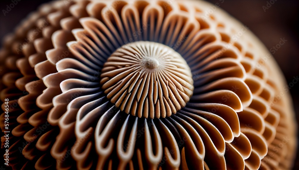 A close-up of a mushroom cap with intricate gills and a unique texture. generative AI A close-up of a mushroom cap with intricate gills and a unique texture. generative AI