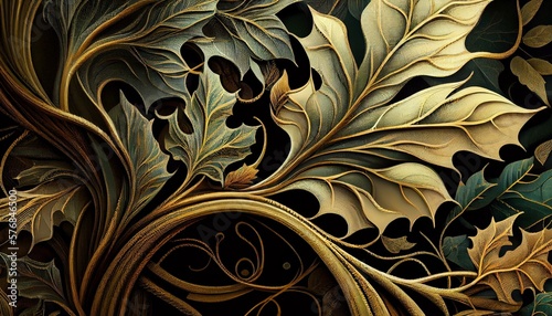 A complex and intricate pattern of interwoven branches and leaves in shades of green, brown, and gold. generative AI photo