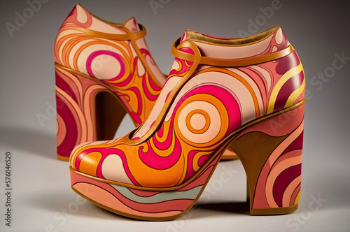 Pair of Psychedelic Ladies Stacked Heel Booties - 1970s Concept Footwear - Generative AI photo