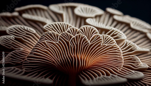 A close-up of a mushroom cap with intricate gills and a unique texture. generative AI