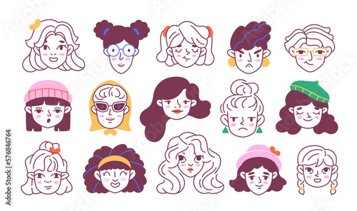 Set of doodle faces. Stylish linear avatars for social networks with cute girls and women with different hairstyles and accessories. Fashion portraits. Cartoon flat vector collection isolated on white
