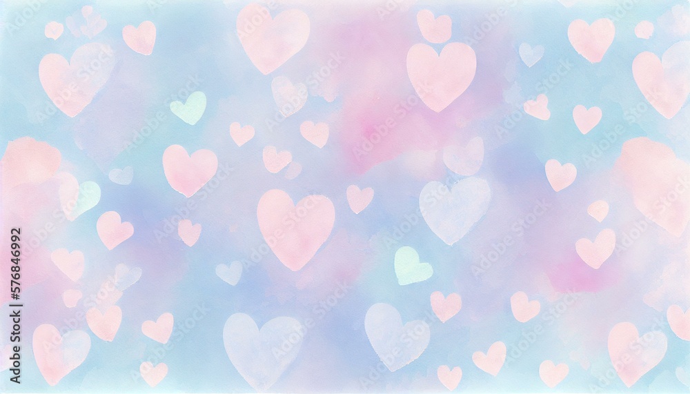 A soft and romantic watercolor background with pastel pink and blue tones and delicate heart patterns. generative AI