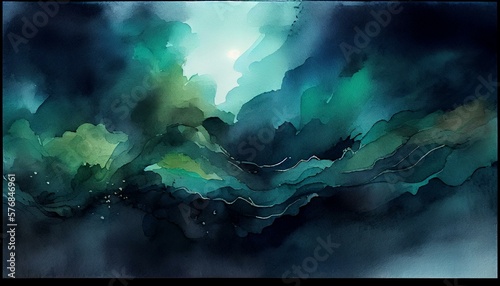 A dark and moody watercolor background with deep blues and greens creating a sense of mystery and depth. generative AI photo