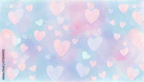 A soft and romantic watercolor background with pastel pink and blue tones and delicate heart patterns. generative AI