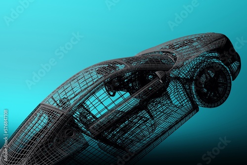 Car 3D model on black background with reflection