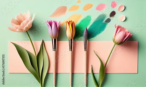 Creative spring concept, watercolor brushes and tulips on a bright background, generative AI #576847313
