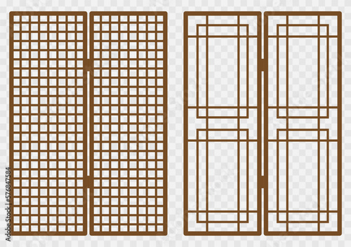 Traditional korean ornament wood frame pattern. Set of folding door and window antique decoration art vector illustration.