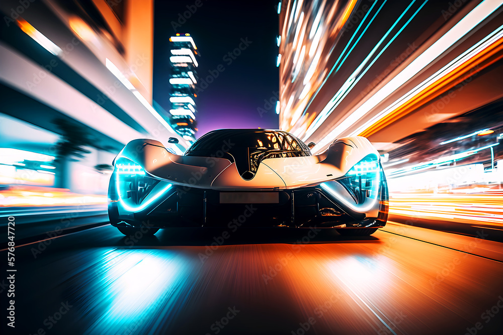 Generic and unbranded futuristic sport car run in a big city with light trails, generative ai illustration