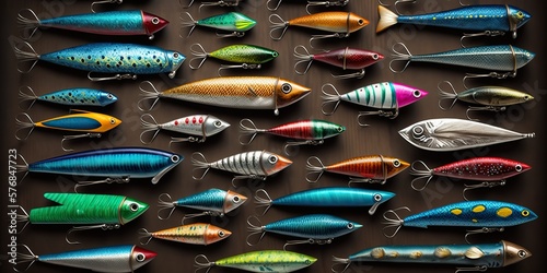 Array of custom made fishing lures each one unique and designed to attract specific types of fish, concept of Multiple Colors and Assorted Shapes, created with Generative AI technology photo