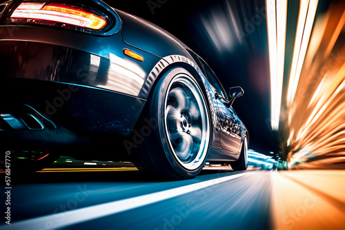 Generic and unbranded modern car run in a big city by night with light trails , generative ai illustration