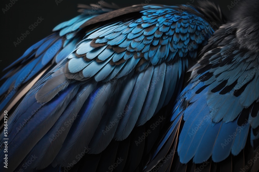 Fototapeta premium Blue and black bird feathers. AI generation
