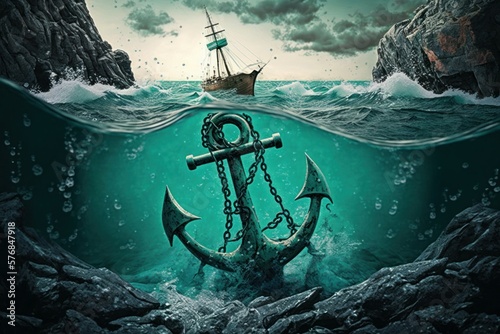 Anchor falls into the water in the turquoise ocean, selective focus. AI generated