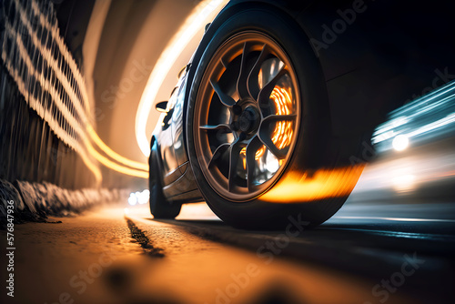 Generic and unbranded modern sport car in a tunnel with light trails, generative ai illustration