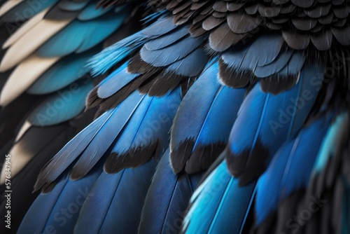 Blue and black bird feathers. AI generation