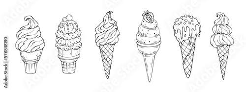 A set of sketches of ice cream in a waffle cup.Vector graphics.