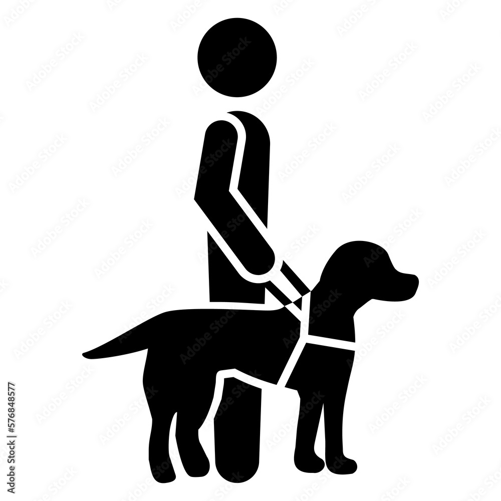 Silueta aislada de hombre invidente con perro guia con correa Silueta aislada de hombre invidente con perro guia con correa