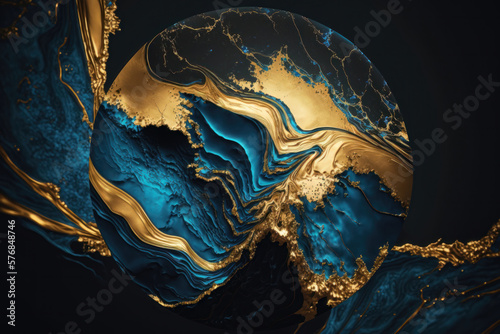 Close-up of blue and shiny gold spirit ink abstract texture  fashionable wallpaper. AI Generation