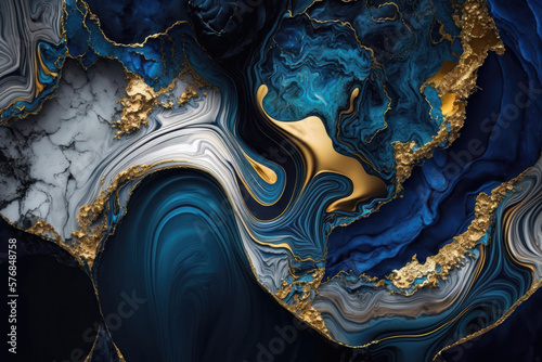 Close-up of blue and shiny gold spirit ink abstract texture, fashionable wallpaper. AI Generation © yuliachupina