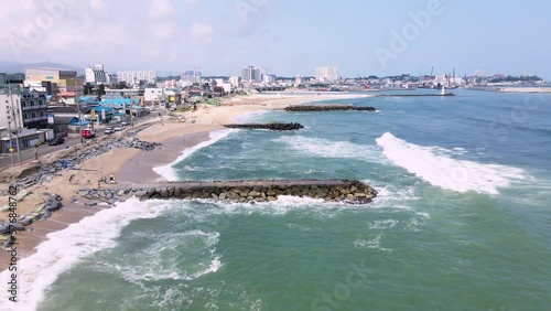 Jumunjin Beach, Korea East Sea Coast, Beach Village, East Sea, Breakwater, Aerial View photo