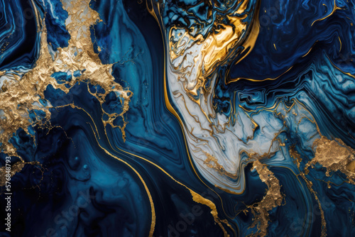 Close-up of blue and shiny gold spirit ink abstract texture, fashionable wallpaper. AI Generation