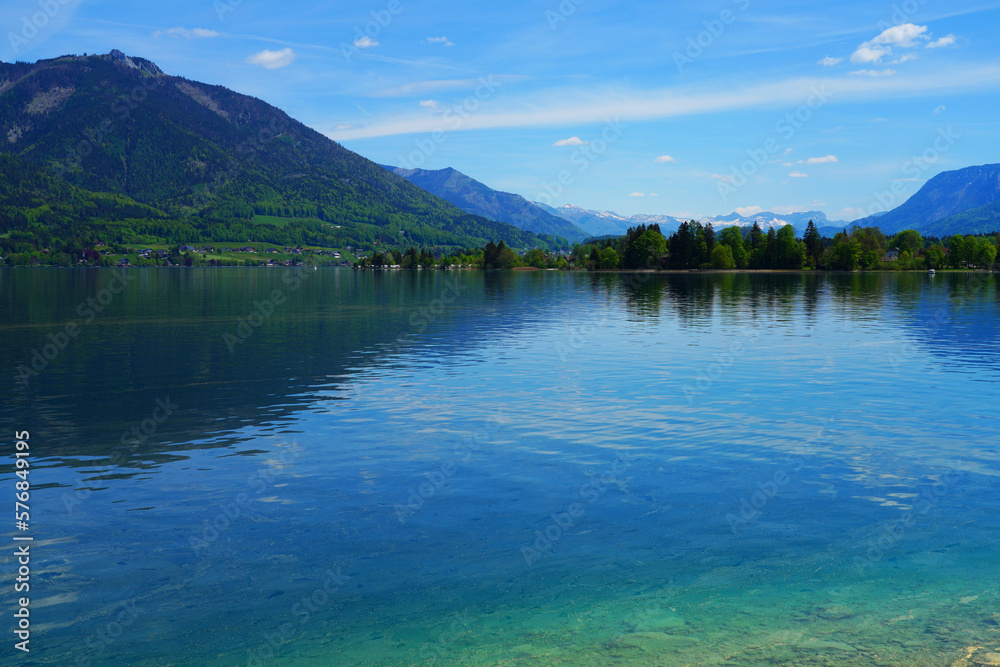 Landscape view of the Wolfgangsee Lake in the Salzkammergut region of Austria near Salzburg