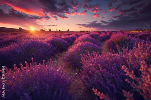 A beautiful purple blooming lavender field in summer at dusk. Flower field landscape  